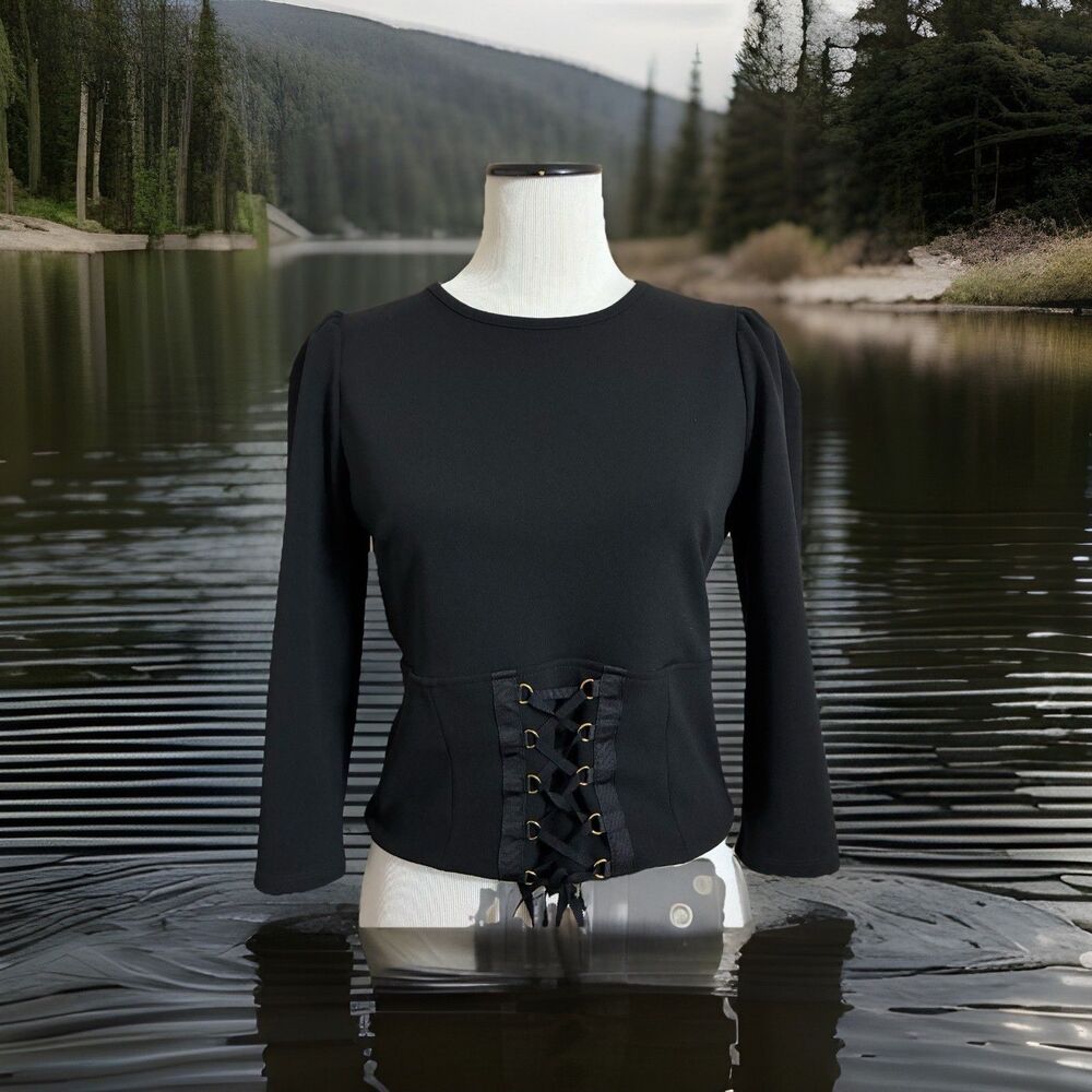 Womens Express Sz M Corset Crop Blouse Puff Shoulder 3/4 Sleeve Lace Up Waist
